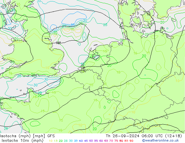 Isotachs (mph) GFS Th 26.09.2024 06 UTC