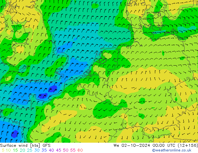 Surface wind GFS We 02.10.2024 00 UTC