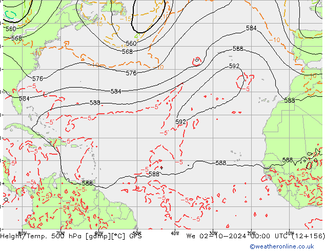 Z500/Rain (+SLP)/Z850 GFS mer 02.10.2024 00 UTC