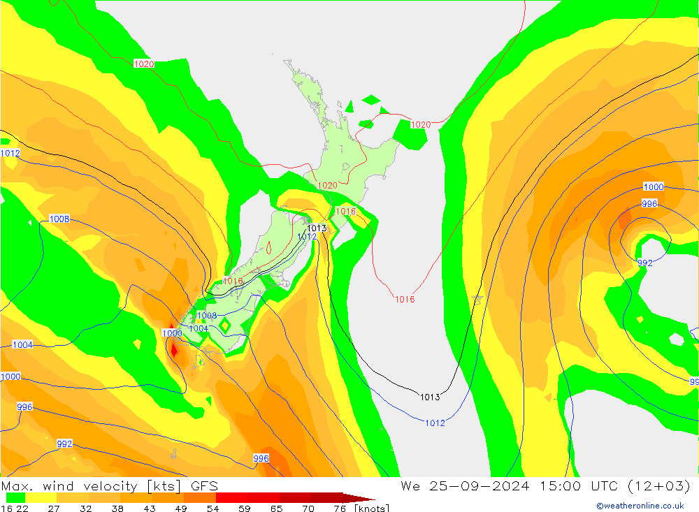 Max. wind velocity GFS We 25.09.2024 15 UTC