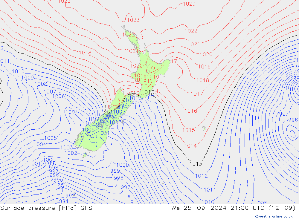 Presión superficial GFS mié 25.09.2024 21 UTC