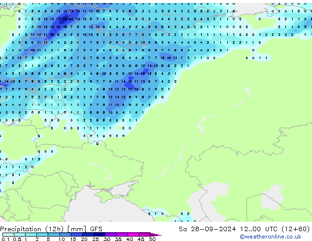 Precipitazione (12h) GFS sab 28.09.2024 00 UTC