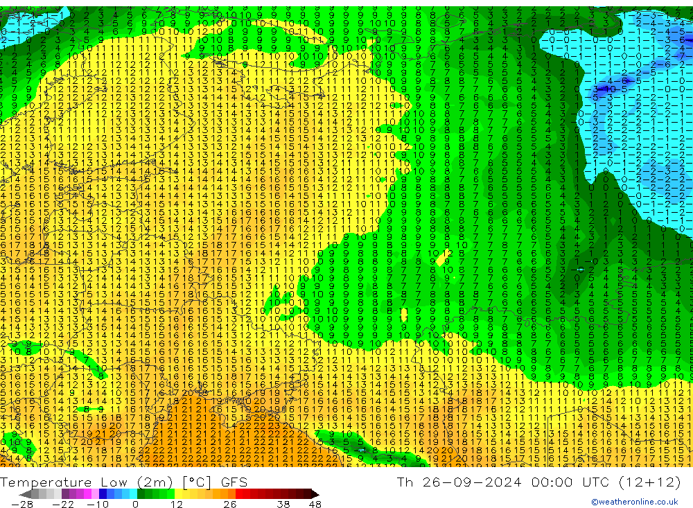 Minumum Değer (2m) GFS Per 26.09.2024 00 UTC