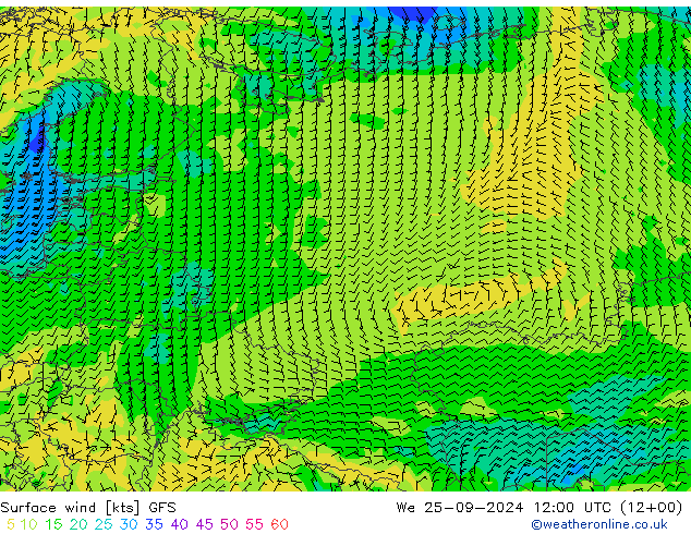 wiatr 10 m GFS śro. 25.09.2024 12 UTC