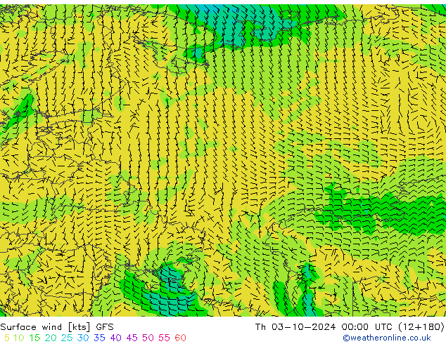 wiatr 10 m GFS czw. 03.10.2024 00 UTC