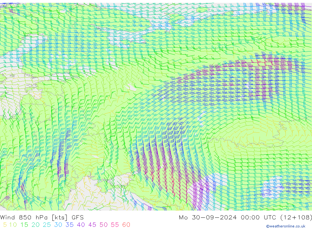 Rüzgar 850 hPa GFS Pzt 30.09.2024 00 UTC