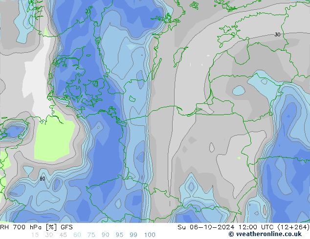 700 hPa Nispi Nem GFS Paz 06.10.2024 12 UTC