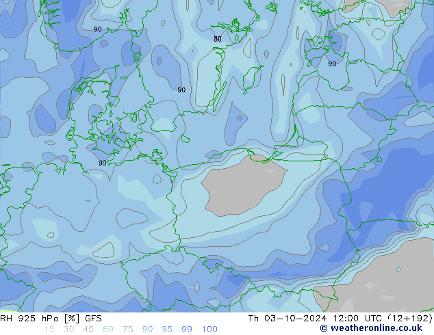 Humidité rel. 925 hPa GFS jeu 03.10.2024 12 UTC