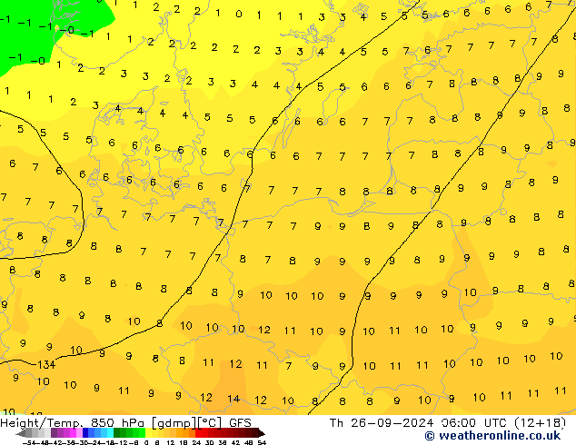 Height/Temp. 850 hPa GFS  26.09.2024 06 UTC