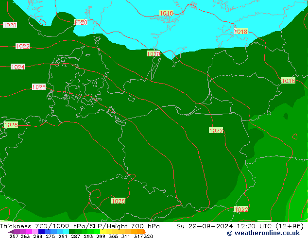 Schichtdicke 700-1000 hPa GFS So 29.09.2024 12 UTC