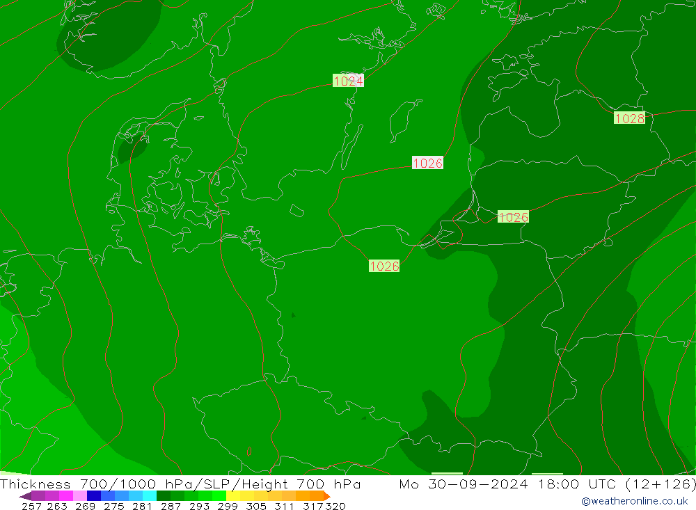 Thck 700-1000 hPa GFS  30.09.2024 18 UTC