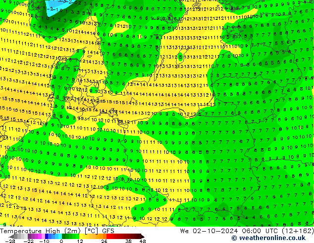 Temp. massima (2m) GFS mer 02.10.2024 06 UTC