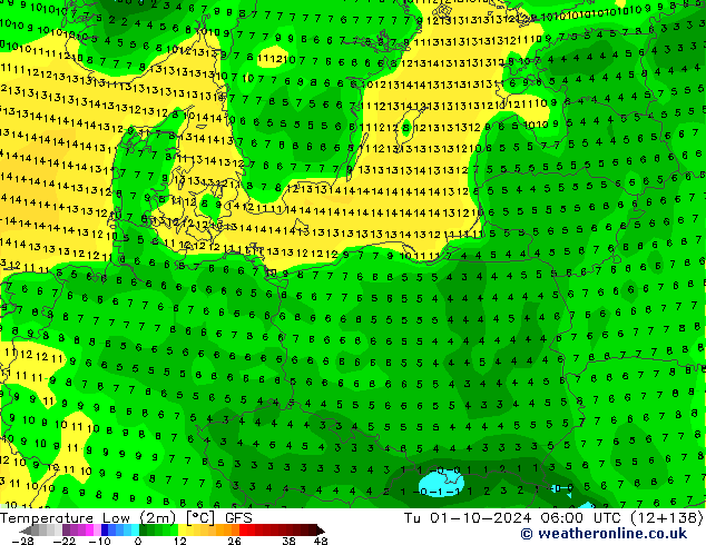 Nejnižší teplota (2m) GFS Út 01.10.2024 06 UTC