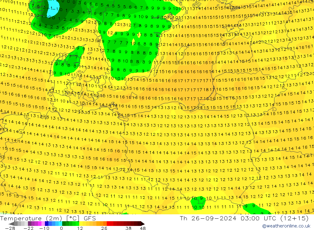 mapa temperatury (2m) GFS czw. 26.09.2024 03 UTC