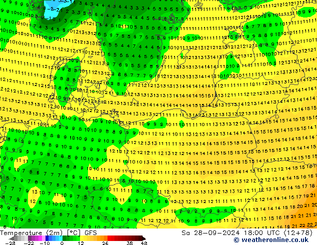 Temperatura (2m) GFS sáb 28.09.2024 18 UTC