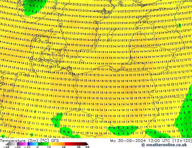 Temperature (2m) GFS Po 30.09.2024 12 UTC