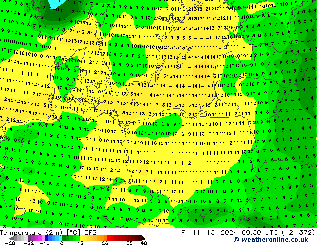 Temperature (2m) GFS Fr 11.10.2024 00 UTC