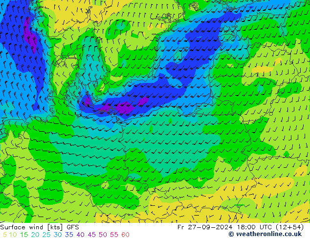 wiatr 10 m GFS pt. 27.09.2024 18 UTC