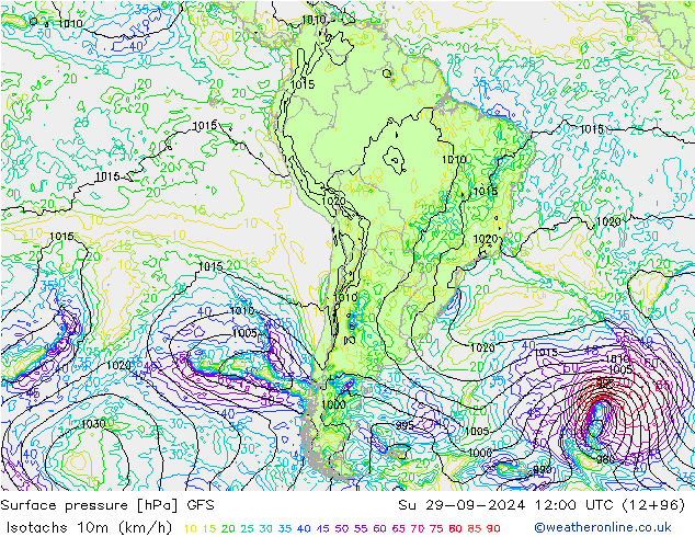 Isotachs (kph) GFS Su 29.09.2024 12 UTC