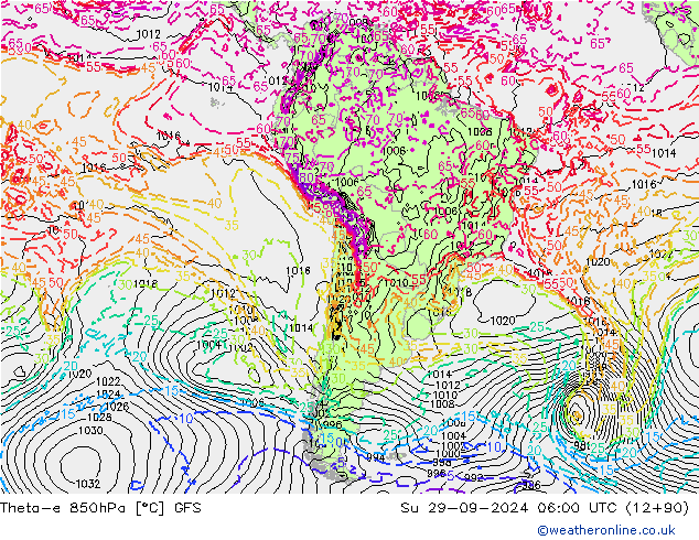 Theta-e 850hPa GFS Paz 29.09.2024 06 UTC