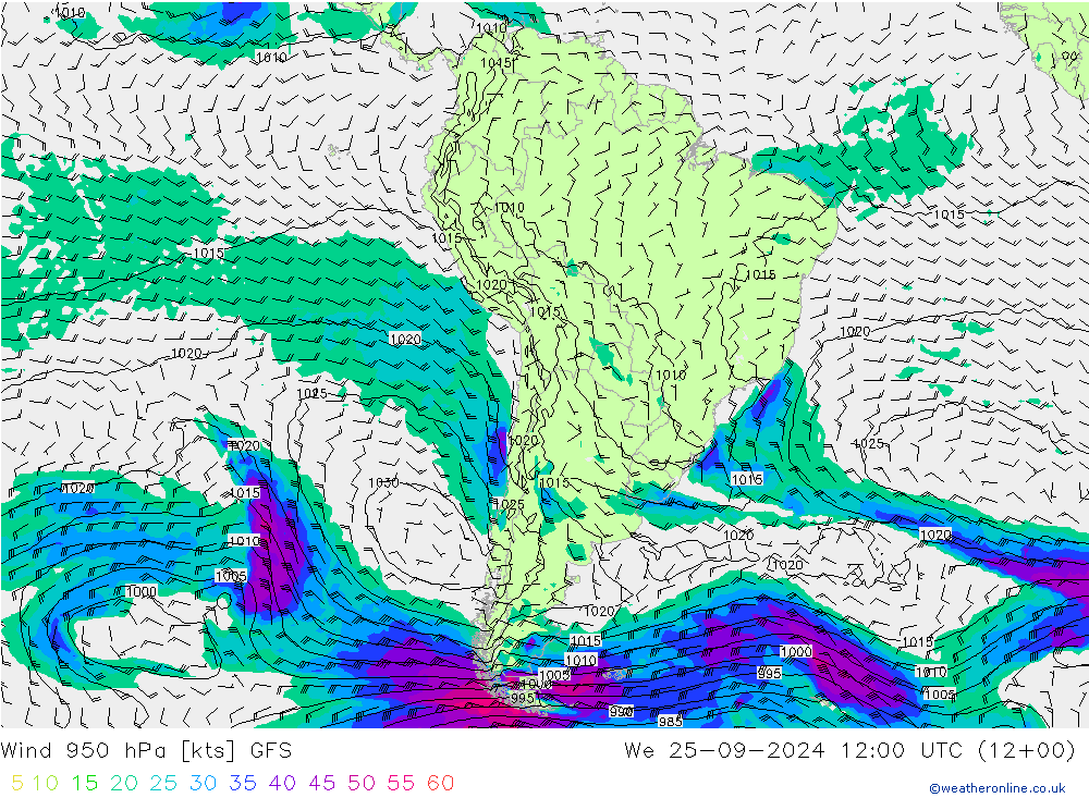 wiatr 950 hPa GFS śro. 25.09.2024 12 UTC