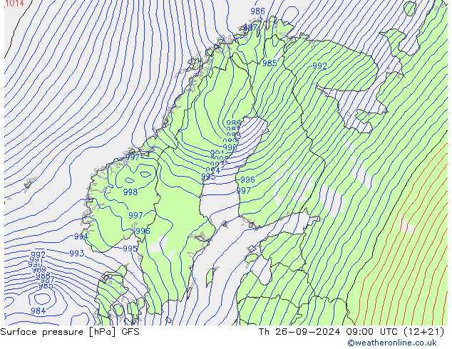 Presión superficial GFS jue 26.09.2024 09 UTC