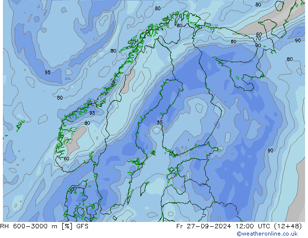 Humedad rel. 600-3000m GFS vie 27.09.2024 12 UTC