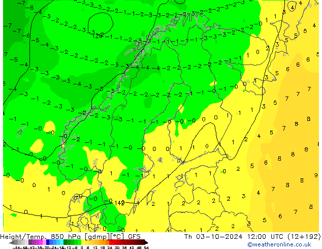 Height/Temp. 850 hPa GFS Th 03.10.2024 12 UTC