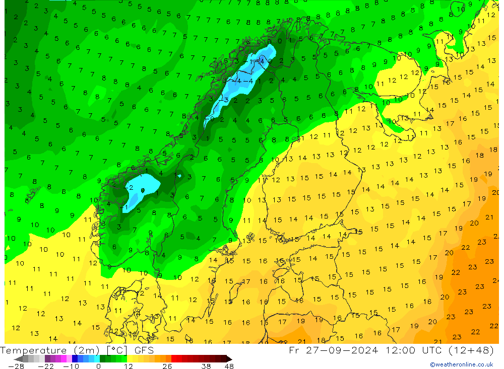 Temperatura (2m) GFS vie 27.09.2024 12 UTC