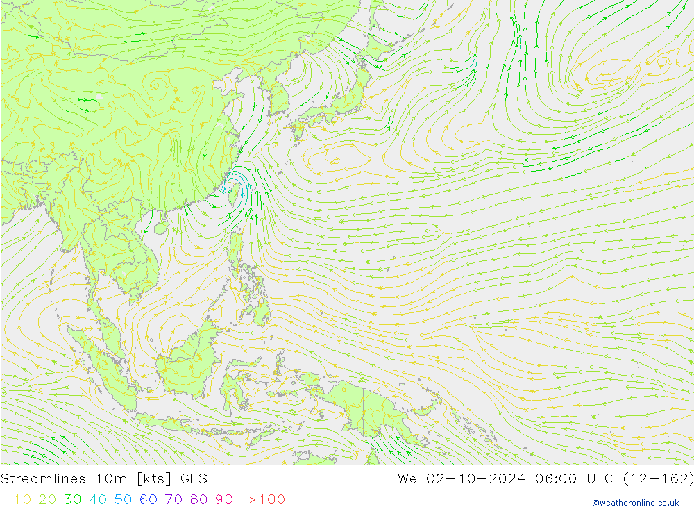 Linia prądu 10m GFS śro. 02.10.2024 06 UTC