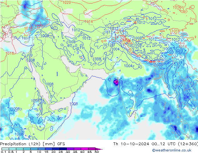 осадки (12h) GFS чт 10.10.2024 12 UTC