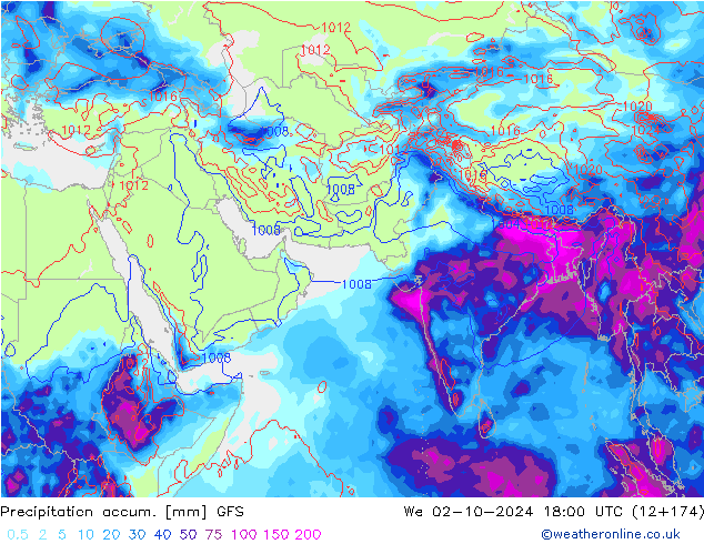 Precipitation accum. GFS śro. 02.10.2024 18 UTC