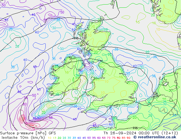 Isotachs (kph) GFS gio 26.09.2024 00 UTC