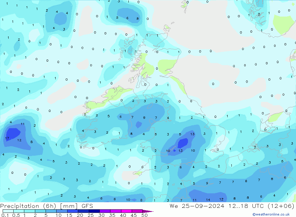 Prec 6h/Wind 10m/950 GFS We 25.09.2024 18 UTC