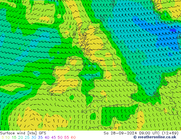 Vento 10 m GFS sab 28.09.2024 09 UTC