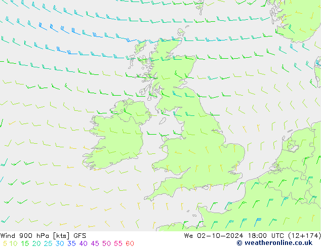 Wind 900 hPa GFS We 02.10.2024 18 UTC