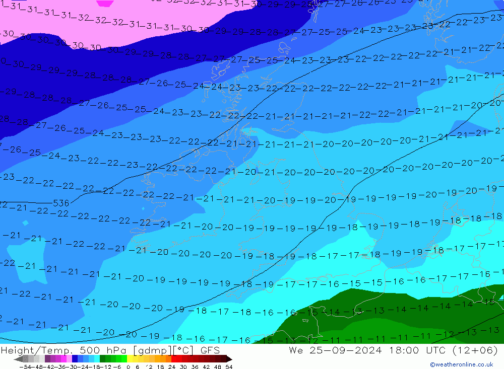 Z500/Rain (+SLP)/Z850 GFS mer 25.09.2024 18 UTC