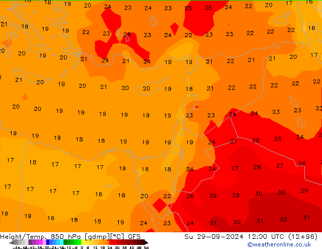 Height/Temp. 850 hPa GFS dom 29.09.2024 12 UTC