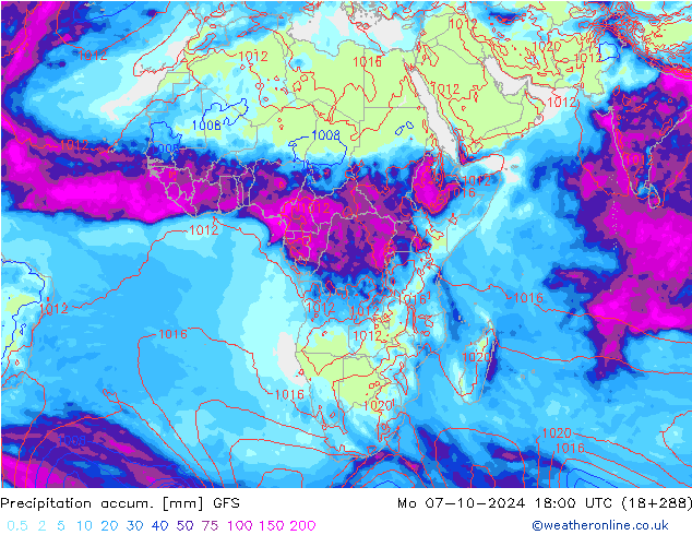 Precipitation accum. GFS Mo 07.10.2024 18 UTC