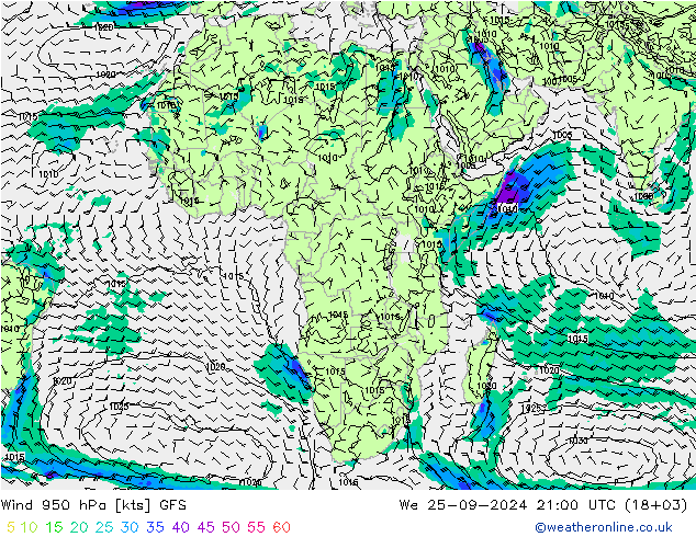 Wind 950 hPa GFS We 25.09.2024 21 UTC