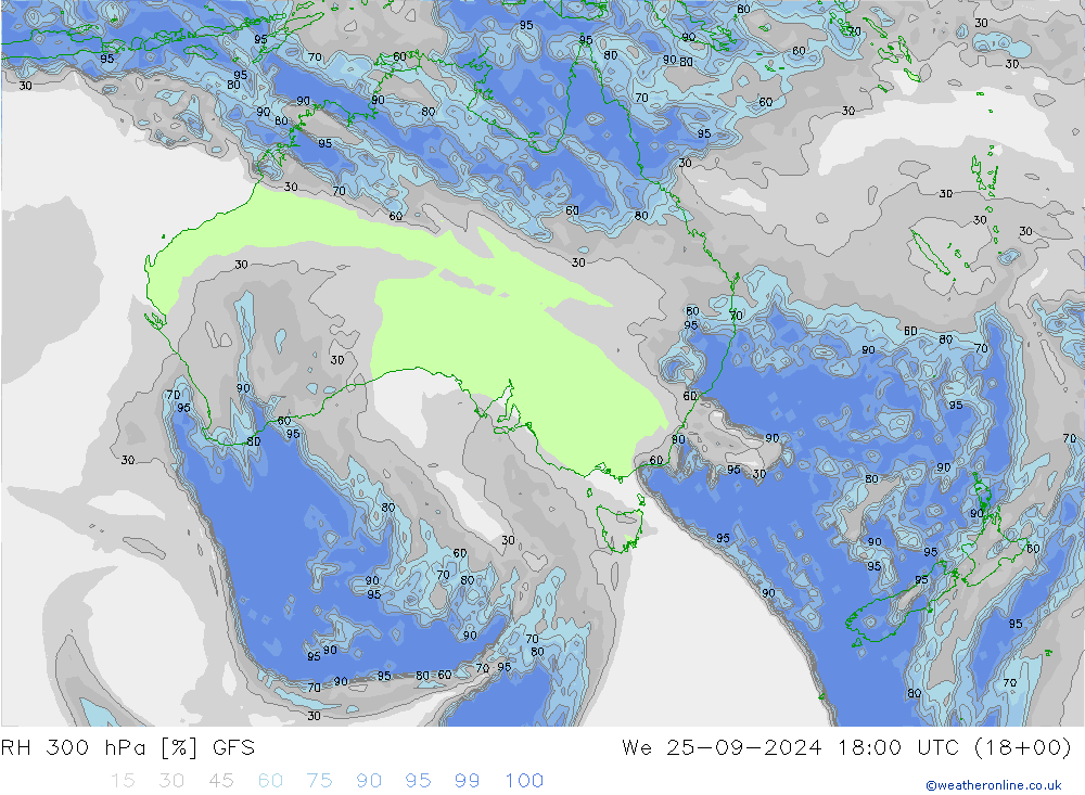 RH 300 hPa GFS Qua 25.09.2024 18 UTC