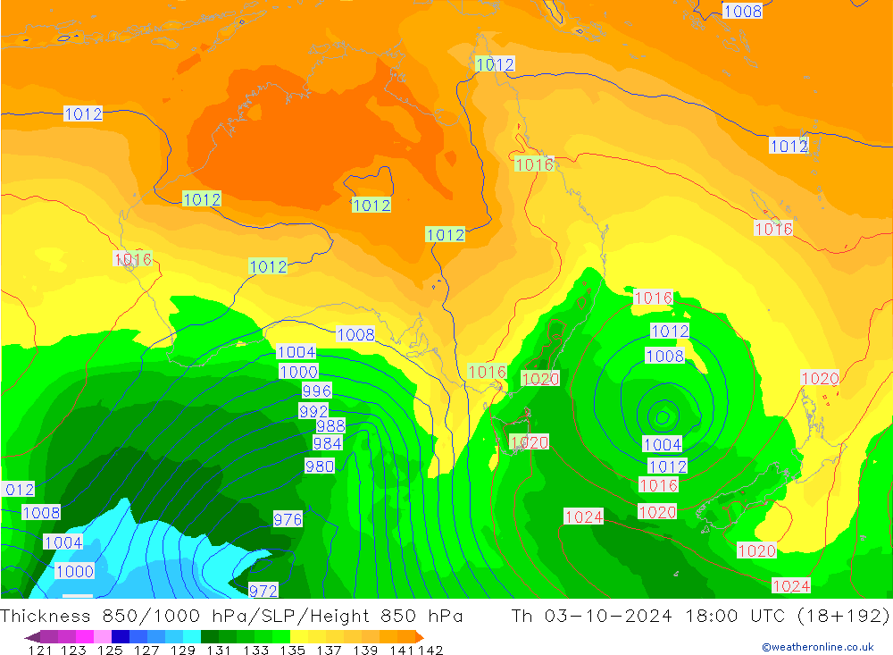 Thck 850-1000 hPa GFS Th 03.10.2024 18 UTC