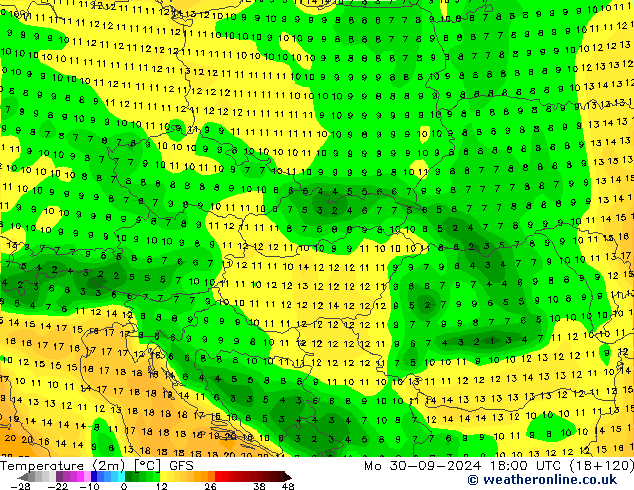 Temperatura (2m) GFS lun 30.09.2024 18 UTC