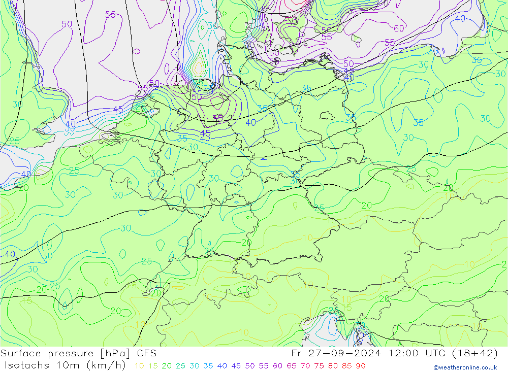 Isotachs (kph) GFS Sex 27.09.2024 12 UTC