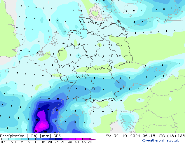 Precipitación (12h) GFS mié 02.10.2024 18 UTC