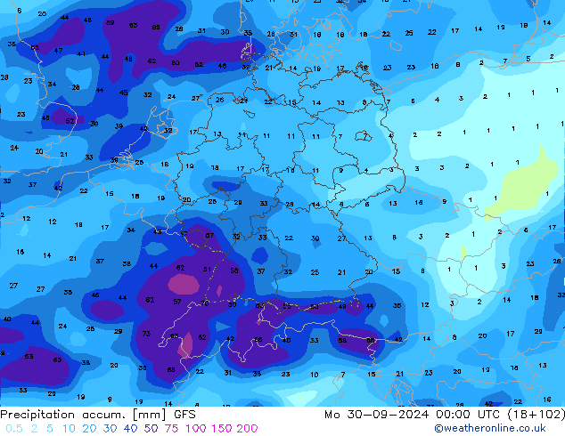 Precipitation accum. GFS пн 30.09.2024 00 UTC