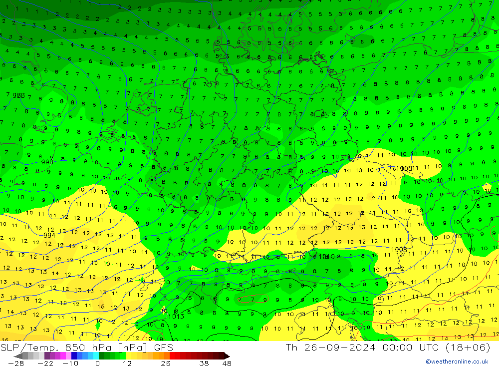 SLP/Temp. 850 hPa GFS Qui 26.09.2024 00 UTC