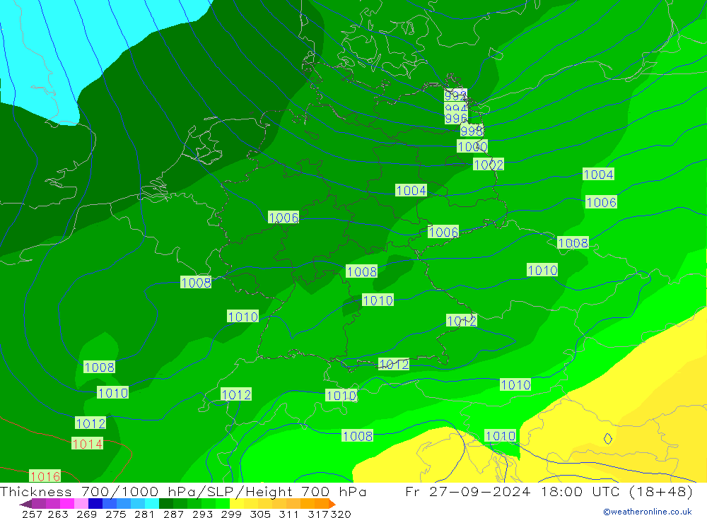 Thck 700-1000 hPa GFS  27.09.2024 18 UTC