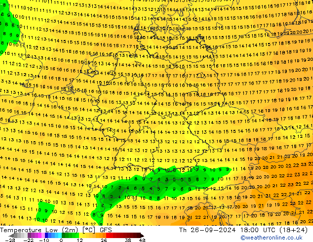 Min.temperatuur (2m) GFS do 26.09.2024 18 UTC