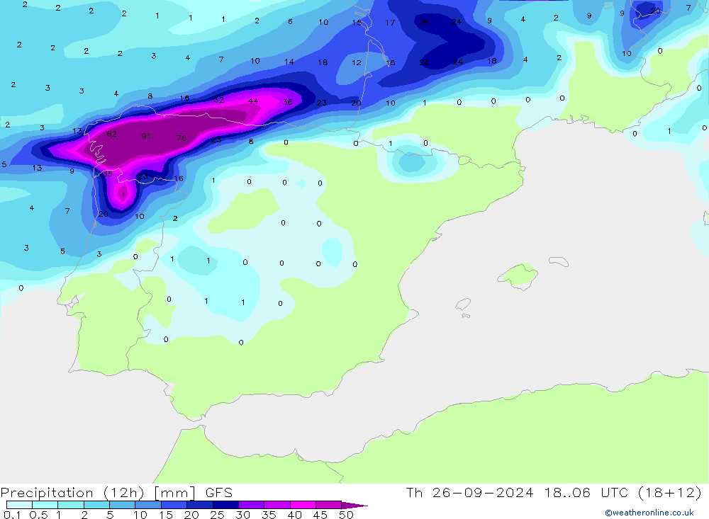 Precipitation (12h) GFS Th 26.09.2024 06 UTC